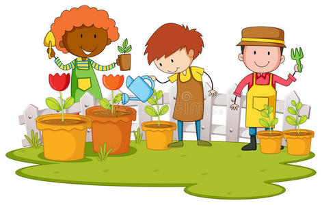 园丁在花园里种树和花照片