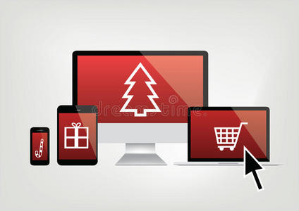 电脑，电话，笔记本电脑屏幕与圣诞节购物图标