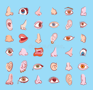 嘴巴表情眼睛鼻子耳朵和嘴巴收集在不同的表情中. 图标插图照片