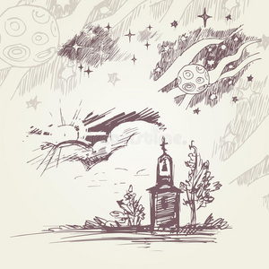 一套黑白线条画与教堂，树木，天空，星星和宇宙