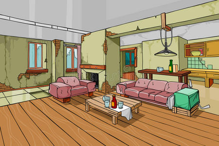 在一个木质的背景在卧室内的一个题字家室内设计场景破旧的木制房间