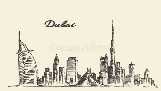 迪拜城市天际线手绘矢量插图