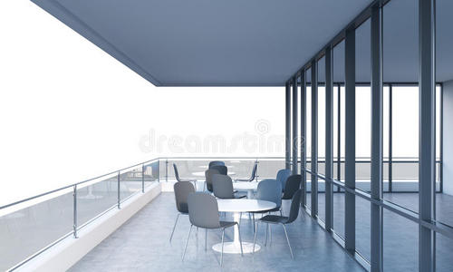 在现代全景建筑中有桌椅的露台。 三维渲染。