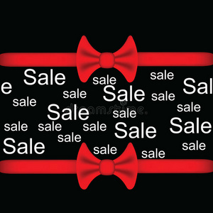 黑色背景与红色丝带和蝴蝶结与文字销售。销售铭文。