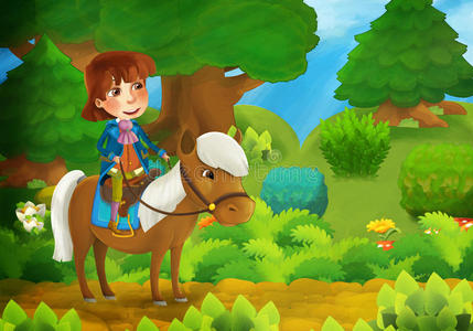 卡通森林场景与王子和他的马