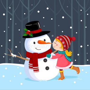 可爱的女孩亲吻雪人照片