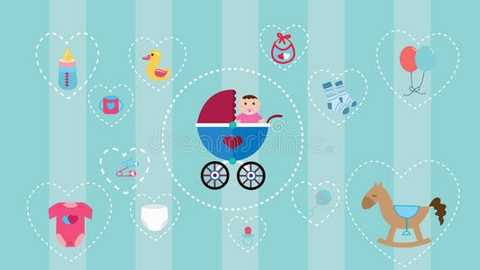 婴儿图标收集集软颜色和对象，如婴儿车，马，玩具，尿布，衣服瓶