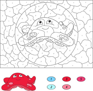 儿童按数字教育游戏的颜色。 有趣的卡通海星。 矢量插图