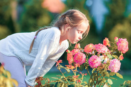 可爱的小女孩闻着五颜六色的花
