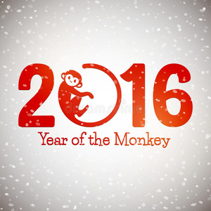 可爱的新年明信片与猴子符号在雪的背景，猴子年2016设计