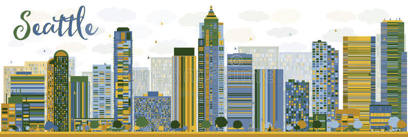 抽象西雅图城市天际线与彩色建筑