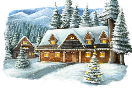 冬天有木屋的欢乐景象