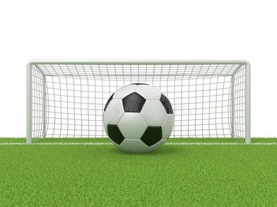 足球草地上球门前的足球。 三维渲染