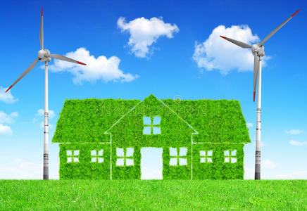 绿色房屋象征与风力涡轮机