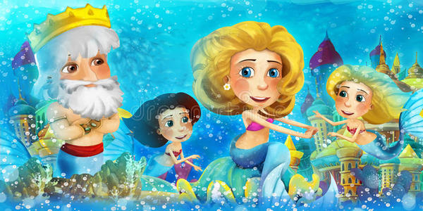 卡通海洋和美人鱼和他的父亲国王照片