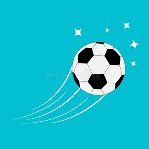 带有运动轨迹和星星的飞行足球。 蓝色背景。 平面设计风格。
