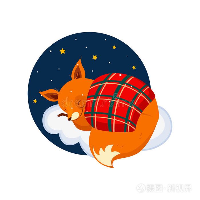 可爱的卡通狐狸睡在云上，被覆盖着