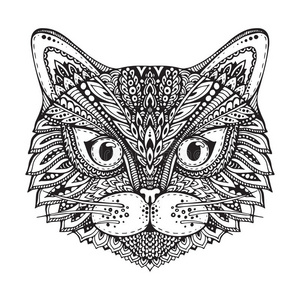 的黑猫嗅花特写手绘黑猫头在框架中的黑色背景和华丽的哥特式设计元素