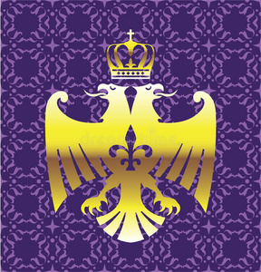 皇家猎鹰金色双头鹰皇家标志与皇冠紫色背景矢量艺术照片