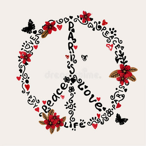写意和平，爱，巴黎插图与花。