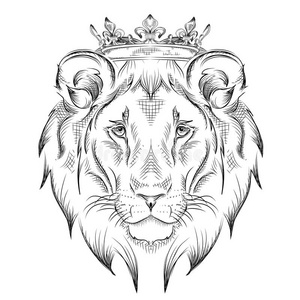 民族手绘狮子头戴皇冠. 图腾纹身设计. 用于印刷,海报,t恤.