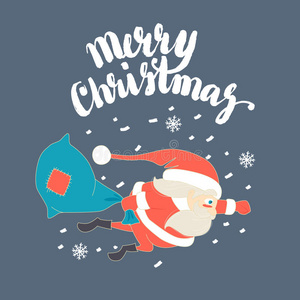 可爱的圣诞老人超人在雪地里带着圣诞袋飞行。