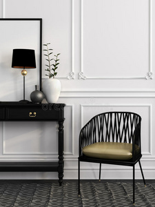 黑色的椅子和桌子靠在白色的墙上