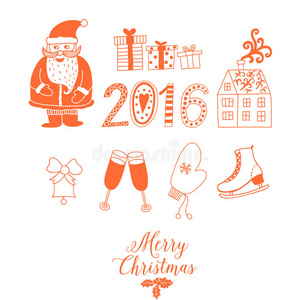 圣诞涂鸦元素圣诞老人，房子，蛋糕，刻字标志2016。设计设置为寒假装饰。 矢量涂鸦