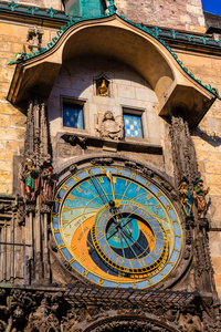 布拉格历史悠久的市政厅塔上的天文钟。