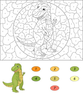 儿童按数字教育游戏的颜色。 卡通暴龙。