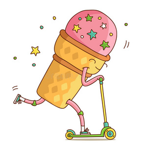 可爱有趣的冰淇淋锥骑滑板车
