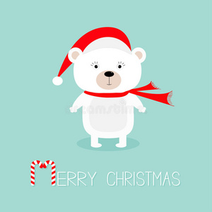 可爱的白色北极熊戴着圣诞老人的帽子和围巾。 糖果手杖。 圣诞贺卡快乐。 蓝色背景。 平面设计