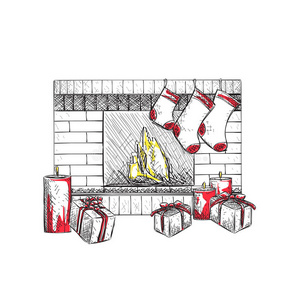 绘画 假日 房子 庆祝 杉树 新的 花环 圣诞节 袜子 壁炉