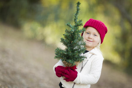 穿着红色手套和帽子的女婴拿着小圣诞树