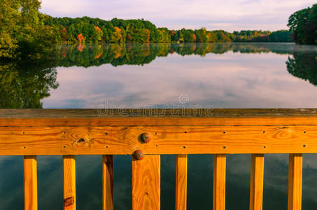 秋天的颜色反射在湖塘上