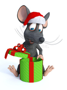 卡通老鼠戴着圣诞帽，打开圣诞礼物。