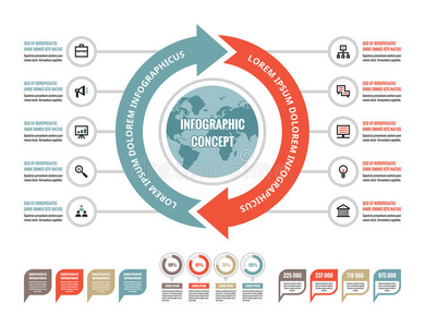 商业信息图概念创造性的矢量布局与图标。 地球仪和箭头插图。 圆圈和循环。
