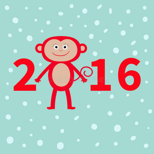 雪背景上可爱的猴子。 新年2016.婴儿插图。 贺卡平面设计