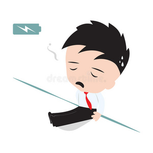 墙上充电商人累了,靠在墙上用电池指示器显示能量水平,需要充电照片