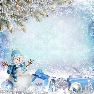 圣诞问候背景与松枝，雪人和礼物