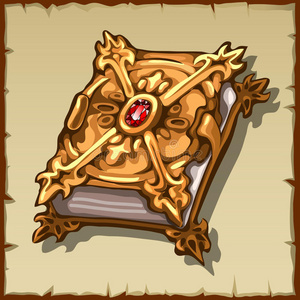 阿那亚图书馆古代魔法书在一个金色的封面上镶着红宝石宝石照片