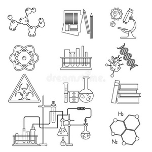 化学实验室科技细线图标设置。 工作场所工具