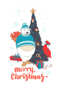 可爱的北极熊在圣诞树前拿着礼物