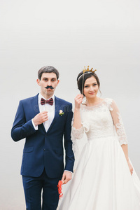 新娘和新郎附在脸上的纸胡子，皇冠