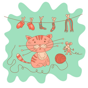 动物 针织 小猫 猫科动物 艺术 宝贝 可爱的 插图 生活