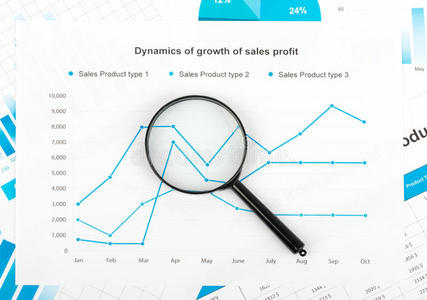 带放大镜的财务图表。 报告