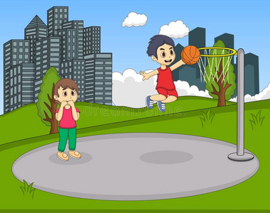 在打篮球的小孩孩子们在公园的卡通里打篮球照片