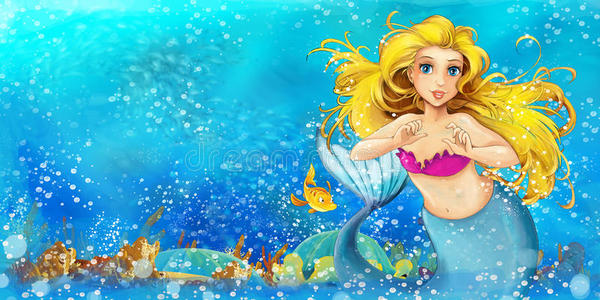 自然水下王国的卡通幻想场景美丽的漫画女孩