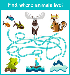 有趣和丰富多彩的益智游戏，为儿童的发展找到鹿，条纹花栗鼠和鱼。 为学龄前儿童培训迷宫