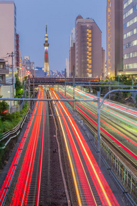 东京天空树 风景 新的 日落 天空 东京 建筑 铁路 亚洲